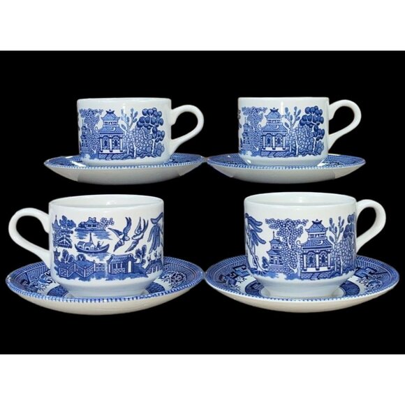 Vintage Blue Willow Churchill China Tea Cups & Saucers England Embossed Set of 4 - Picture 1 of 12